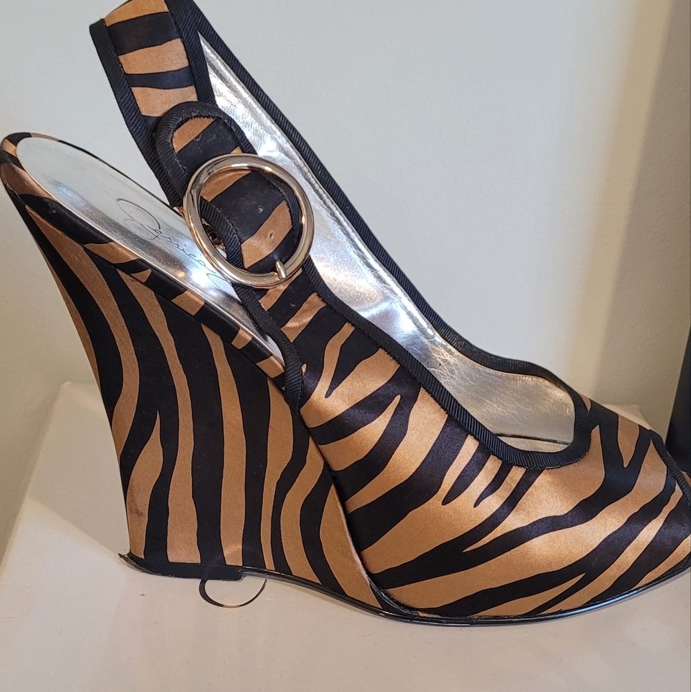 Jessica Simpson, tan and black sling back wedges, size 11